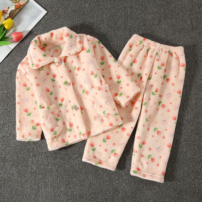 High Quality Coral Fleece Flannel Cute Cartoon Pattern Pajama Sets Boys and Girls Long Sleeve Warm Comfortable Winter Sleepwear