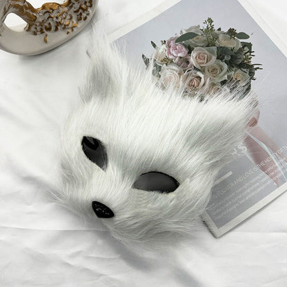 Halloween Plush Half Face Long Fur Animal Mask Masquerade Party Cosplay Costume Dress Up Prop  Cat Mask