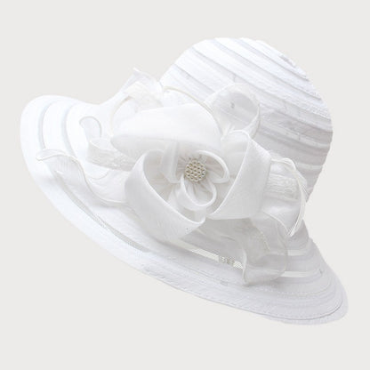 Novo Chapéu Feminino De Verão Em Organza Com Aba Larga E Flor Grande Fedora Elegante Para Casamento Igreja Festa