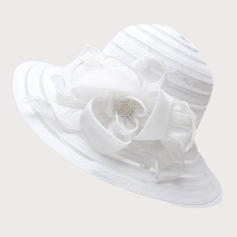 Novo Chapéu Feminino De Verão Em Organza Com Aba Larga E Flor Grande Fedora Elegante Para Casamento Igreja Festa