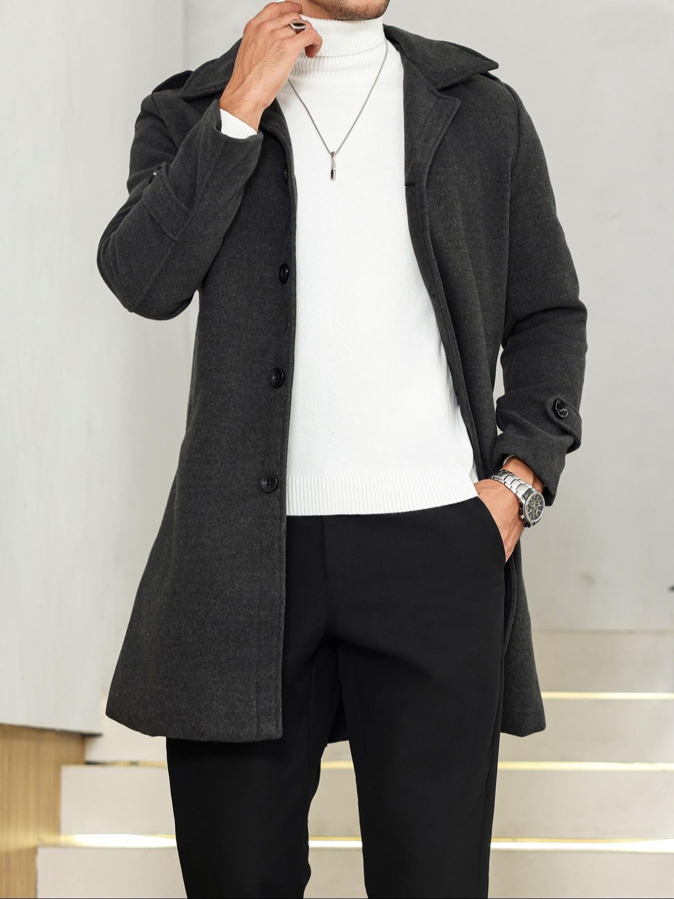 1PCS Men's Woolen Overcoat Jacket, Autumn Winter Casual Long Sleeve Outerwear, Lapel Pocket Design Comfortable Daily Wear