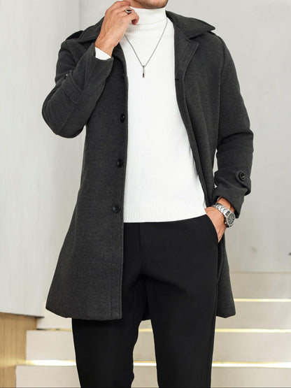 1PCS Men's Woolen Overcoat Jacket, Autumn Winter Casual Long Sleeve Outerwear, Lapel Pocket Design Comfortable Daily Wear