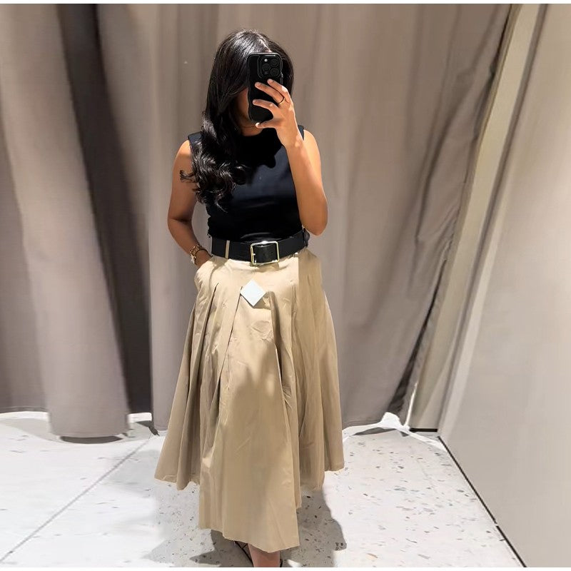 Fashion Patchwork Pleated Long Dress With Belt Women Chic Sleeveless Tank Maxi M