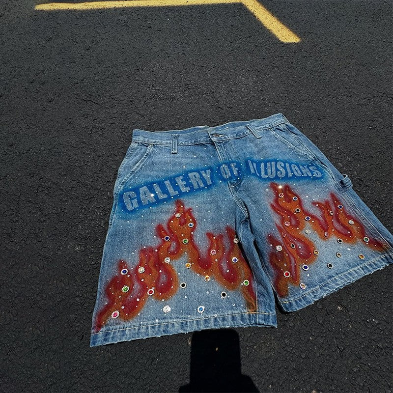 Y2K Fashion Distressed Hand Painted Vibrant Red Flame Pattern Gemstone Decoration Blue Denim Shorts Men Women Casual Streetwear