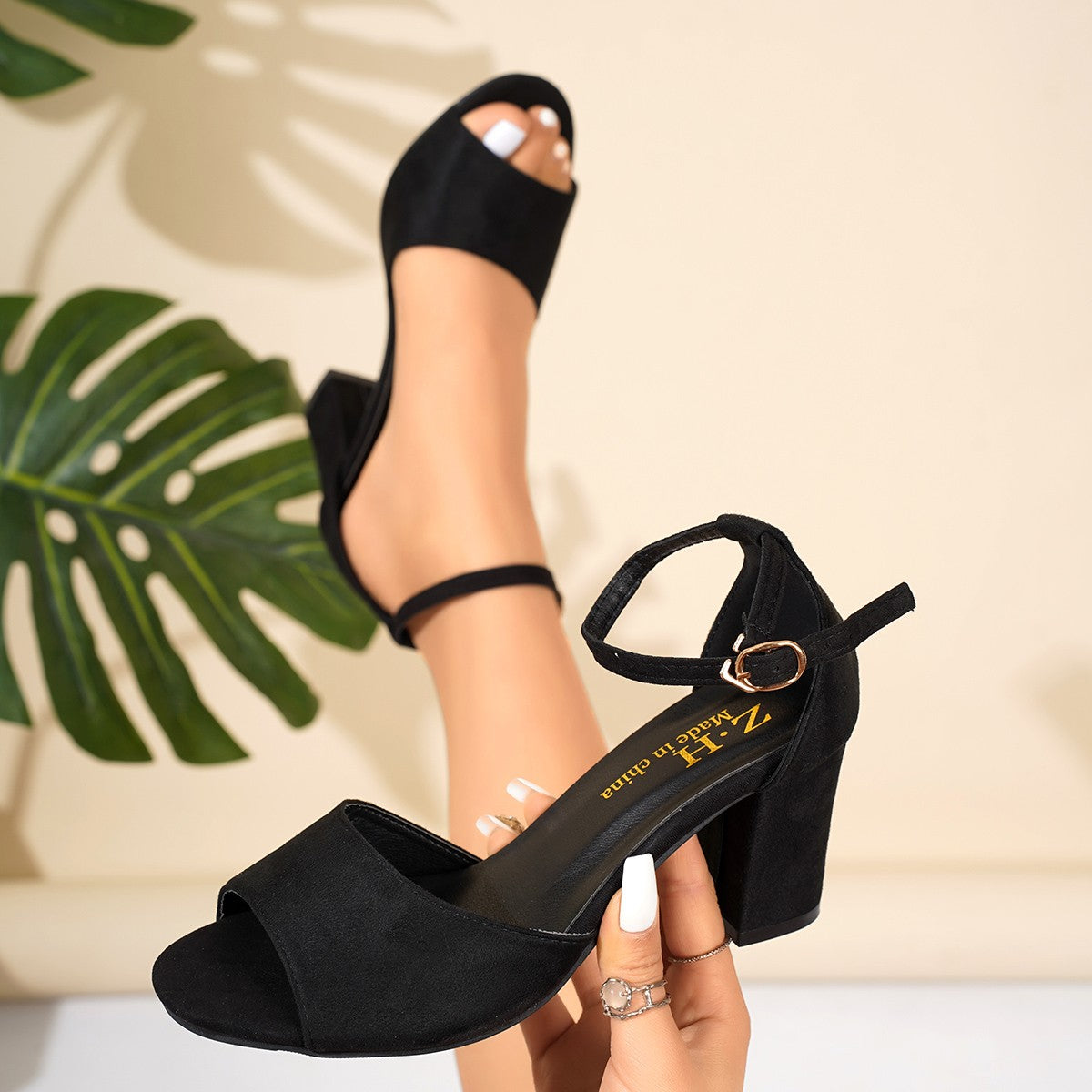 Summer Women Sandals Fish Mouth Chunky High Heels Shoes Suede Black Red Fashion Roman Cover Heel Sandals Sandalias De Mujer