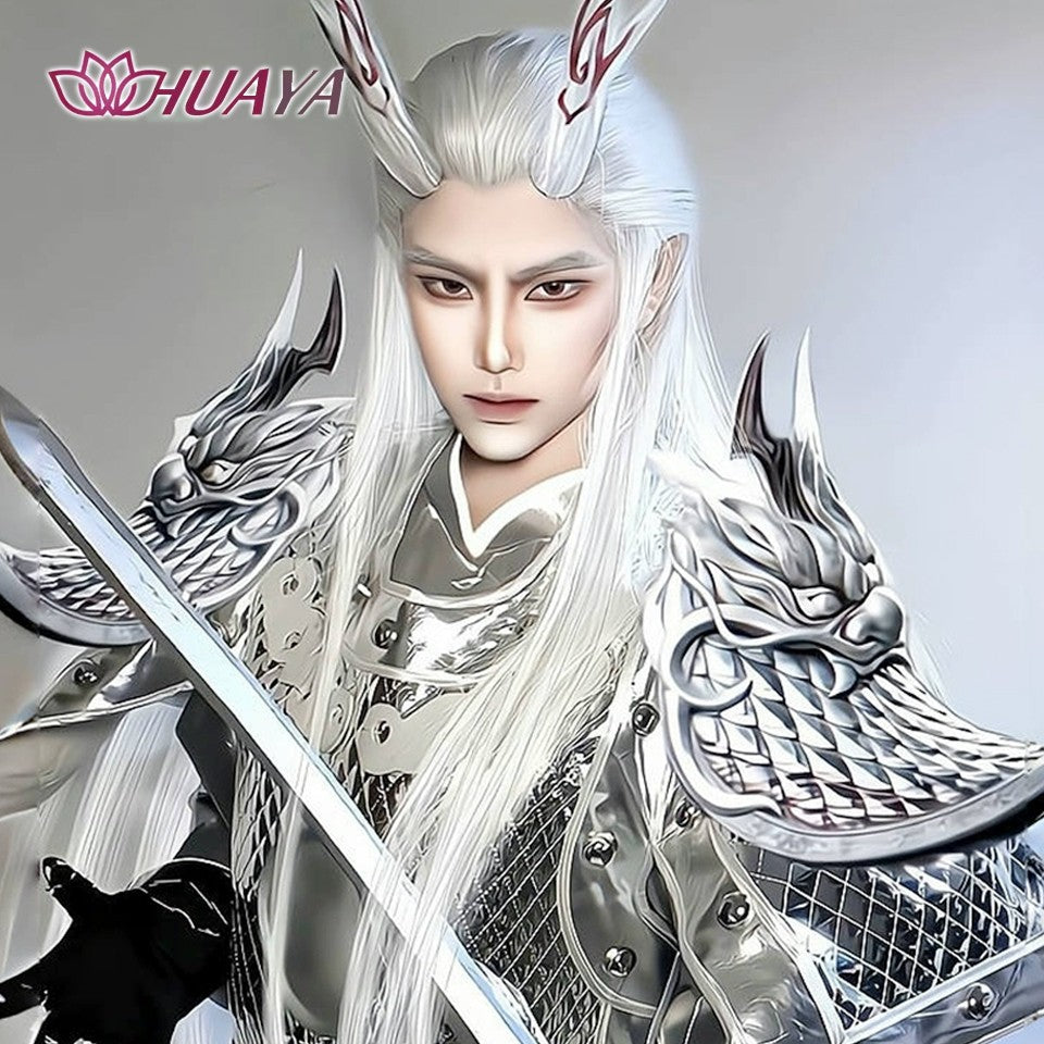 Peruca Sintética Longa Lisa para Cosplay Estilo Antigo Chinês Masculina Príncipe Bonito Penteado Cabelo Caído Peruca Hanfu