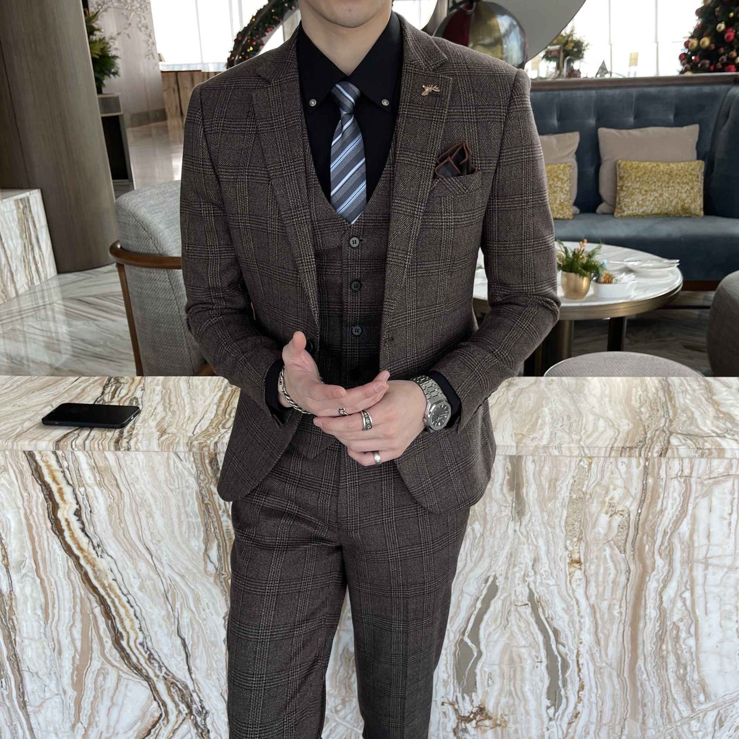 British Korean Style High Quality Modified Plaid Three-Piece Suit for Men - Stylish Business Casual Suit Vest And Trousers Set