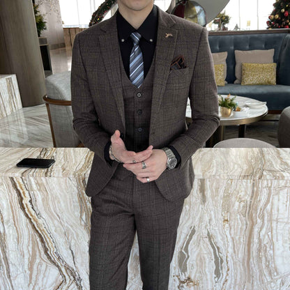 British Korean Style High Quality Modified Plaid Three-Piece Suit for Men - Stylish Business Casual Suit Vest And Trousers Set