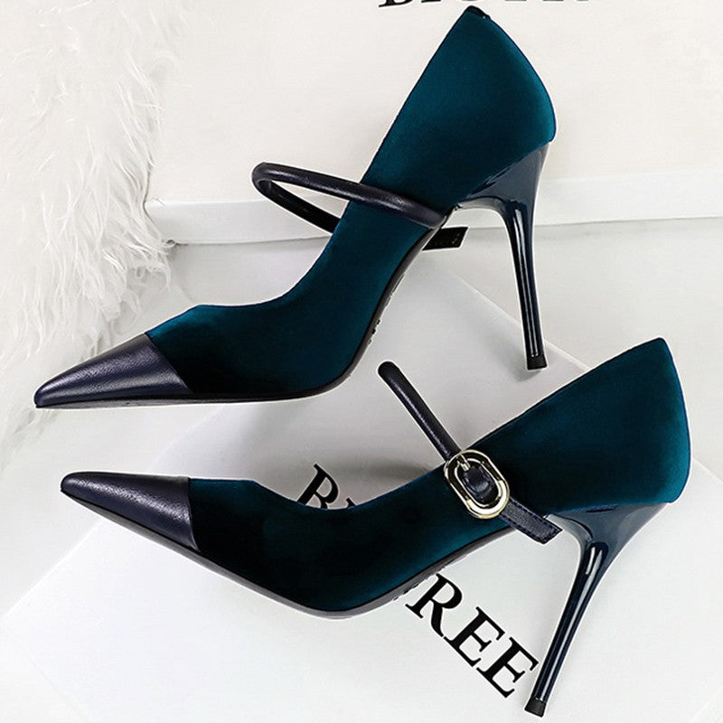 Korean Version Party 10cm 7cm High Heels Women Shoes Thin Heels Velvet Shallow Montage Pointed Toe Metal One-line Buckle Pumps