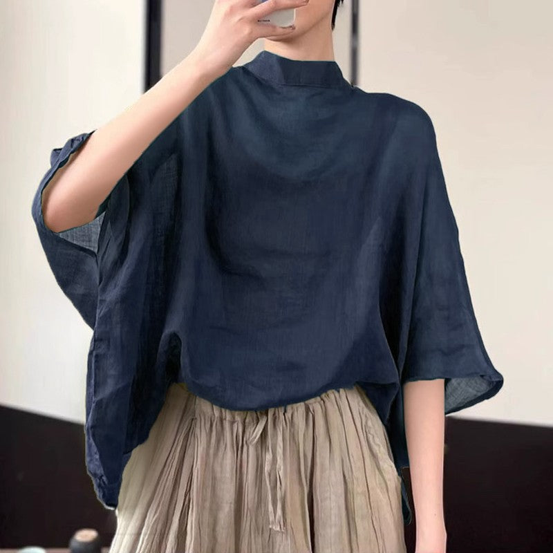 ZANZEA Women Bat Half Sleeve Blouse Summer Asymmetrical Tops 2024 Thin Stand Collar Tunic Casual Loose Transparent Tops Oversize