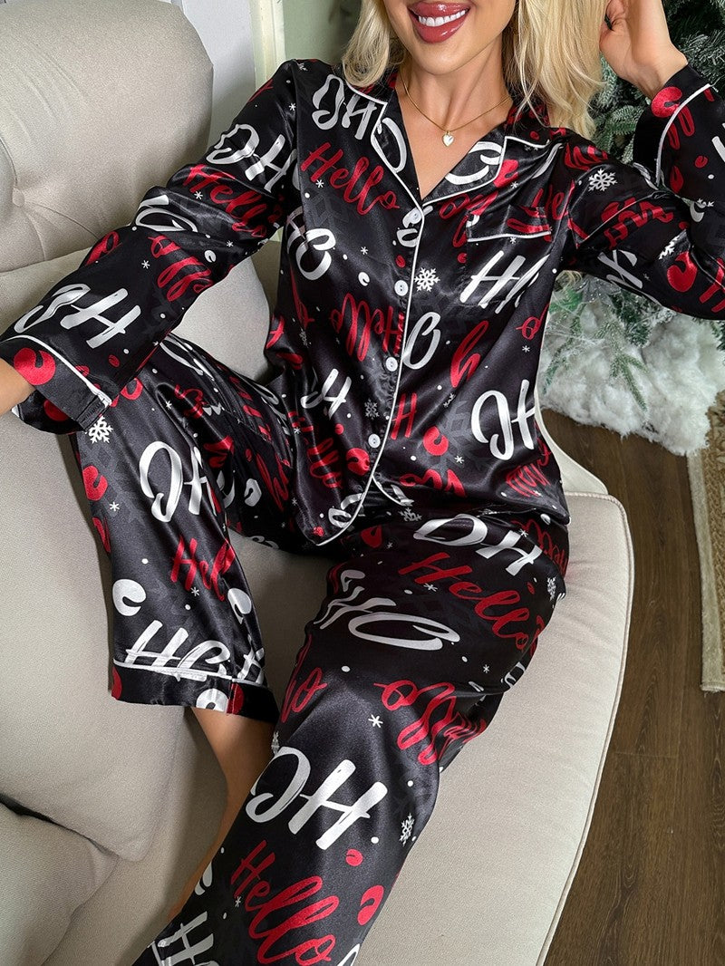 Cute Elk Print Satin Pajama Set Cozy Christmas Suit Long-Sleeve Lapel Top And Pants Comfortable Fit Parties And Theme Events Pjs