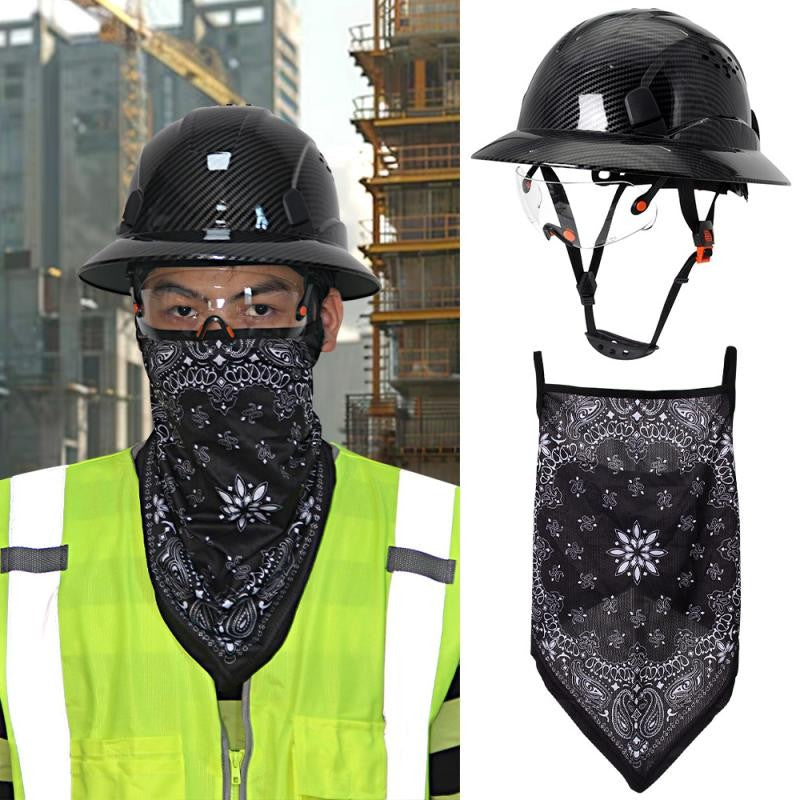 CE Carbon Fiber Full Brim Hard Hat w/ Built In Goggle Triangle Face Towel Construction Engineer  Safety Helmet ABS Safety Cap