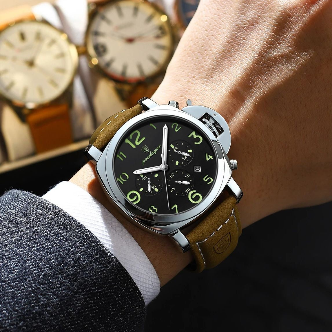 POEDAGAR Top Luxury Fashion Watch For Men Waterproof Luminous Chronograph Man Watch Leather Military Men's Quartz Watches Reloj