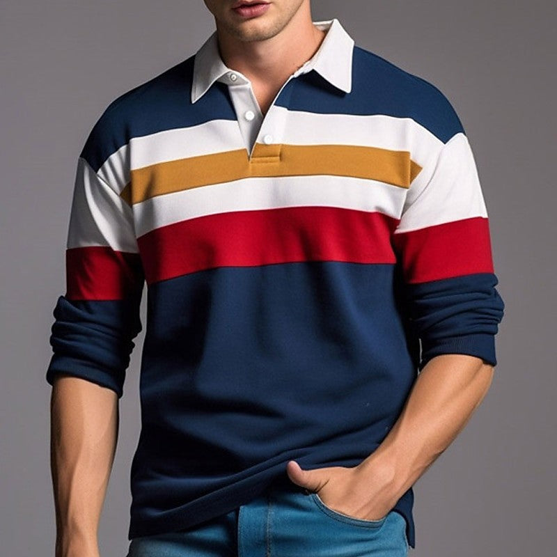Men's Long Sleeve Polo Shirt 3D Stripes Print Pullover Autumn Business Casual Turn-down Collar Buttoned Oversized Mens Clothing