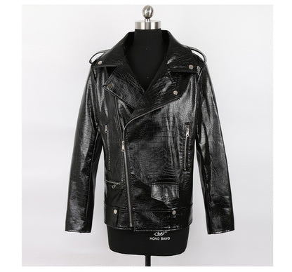 Mauroicardi Spring Red Crocodile Pattern Faux Leather Biker Jacket Long Sleeve Zipper Plus Size Designer Men Clothing 4xl 5xl