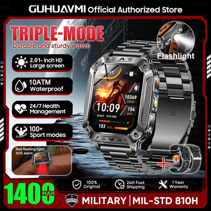 2026 Novo 1400mAh Bateria Grande Militar Ao Ar Livre 2.01 polegadas Smartwatch Masculino 10ATM À Prova D'água Chamada Bluetooth Relógio Inteligente Esportivo