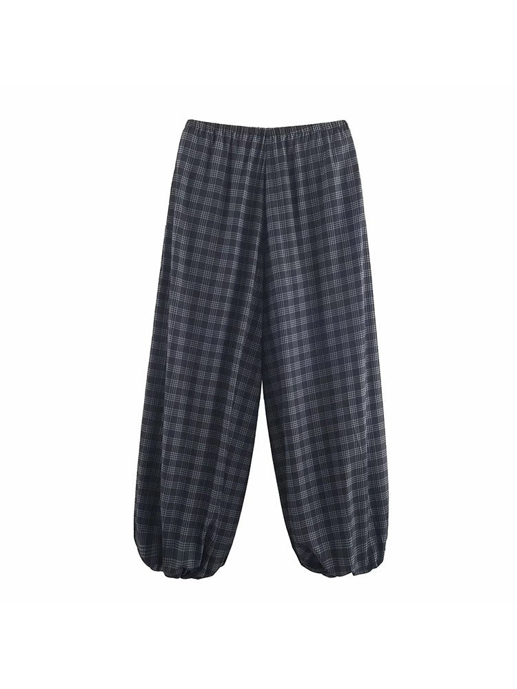 Women's 2025 Autumn Fashion Versatile Ramie Bloomers Plaid Printed Loose Pants Female High-Waist Drawstring Casual Trousers