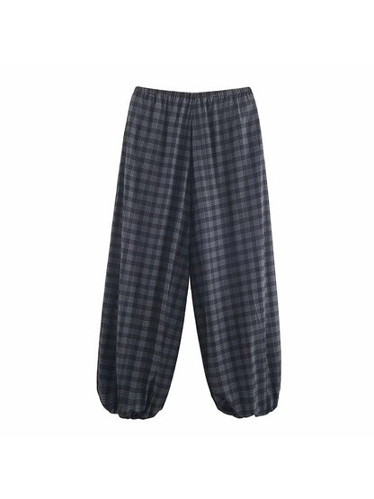 Women's 2025 Autumn Fashion Versatile Ramie Bloomers Plaid Printed Loose Pants Female High-Waist Drawstring Casual Trousers