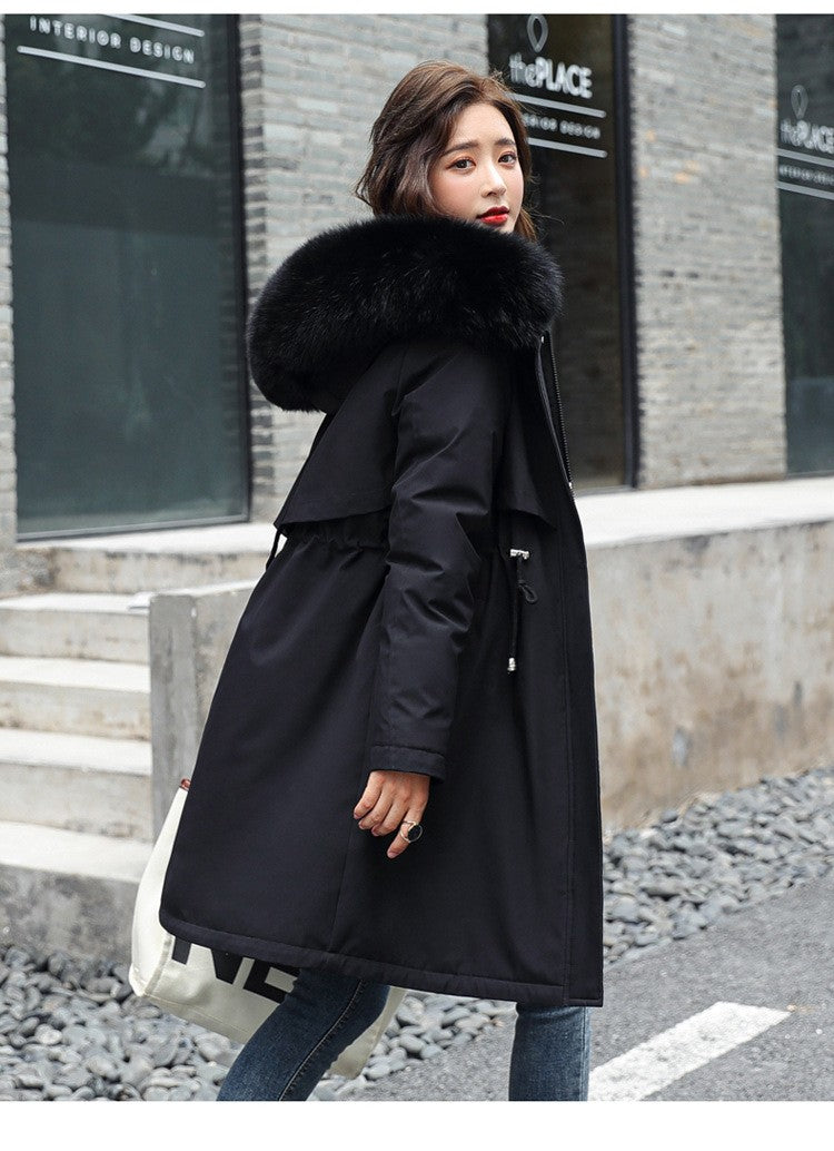 Women Winter Parka Warm Hooded Long Sleeve Zipper Thick Jackets Fur Collar Fleece Drawstring Long Coat Casual Streetwear Outwear