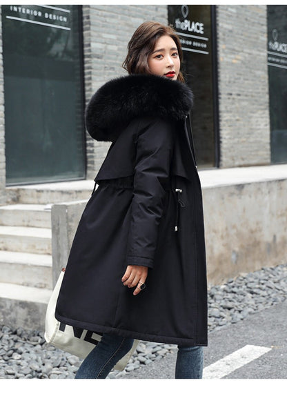 Women Winter Parka Warm Hooded Long Sleeve Zipper Thick Jackets Fur Collar Fleece Drawstring Long Coat Casual Streetwear Outwear