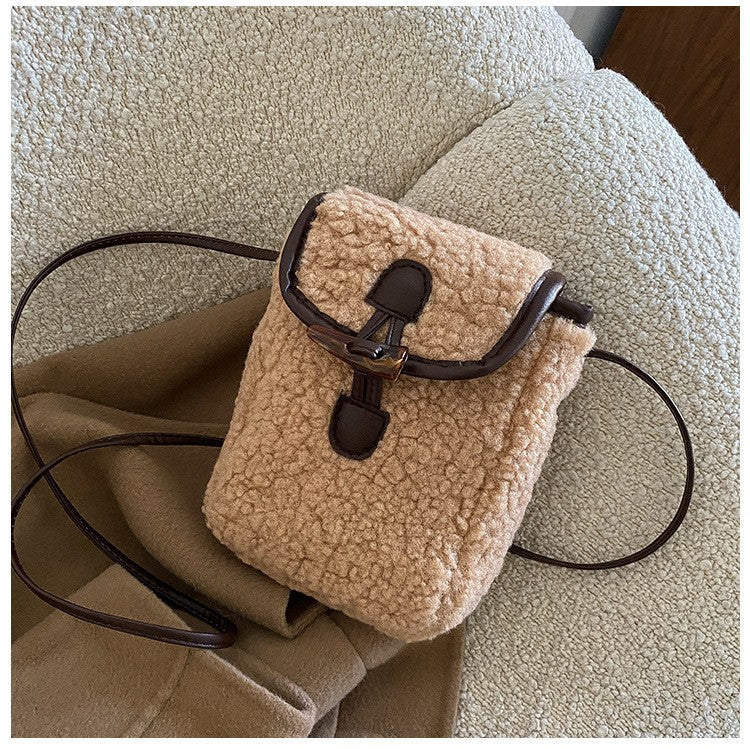 Fashion Winter Lambswool Phone Bag Sweet Lovely Portable Women Wallets Square Purse Faux Fur Plush Shoulder Bags Purses Handbags