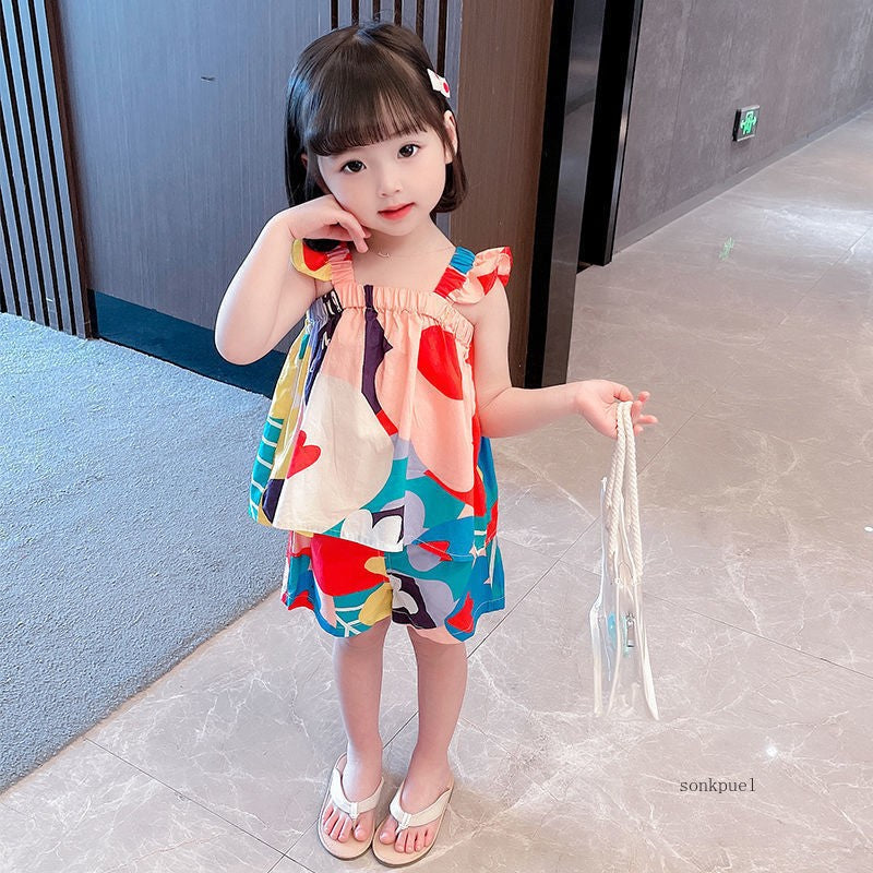 Baby Girls Clothing Sets Summer Suspender Top Color Matching Floral Vest + Children'S Casual Pants Little Kids Clothes Suit