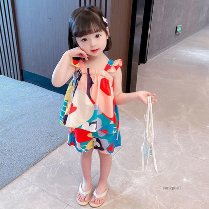 Baby Girls Clothing Sets Summer Suspender Top Color Matching Floral Vest + Children'S Casual Pants Little Kids Clothes Suit
