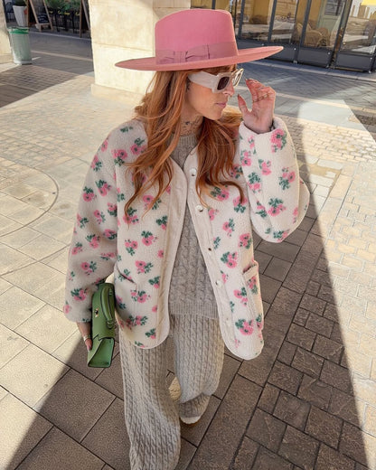 Casual Printed Short Fleece Jacket Women Fashion Round Neck Single Breasted Pocket Loose Jackets Lady Daily Commute Office Coat