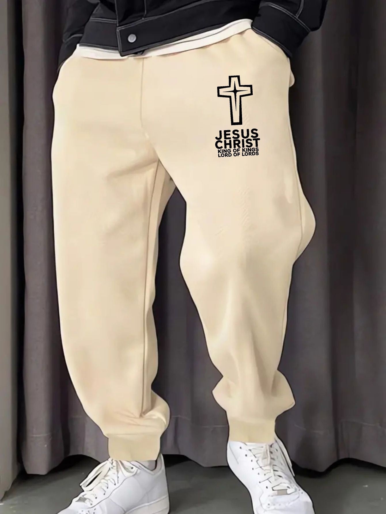 Calças de moletom masculinas com estampa de Jesus Cristo, calças casuais estampadas da moda com cordão, estampa de design de cruz, adequado para uso casual S-3X
