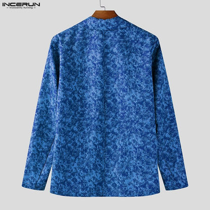 INCERUN Men Blazer Printing Hollow Out Lapel Long Sleeve Male Suit Streetwear Elegant Fashion Casual Thin Coats Men Blazer S-5XL