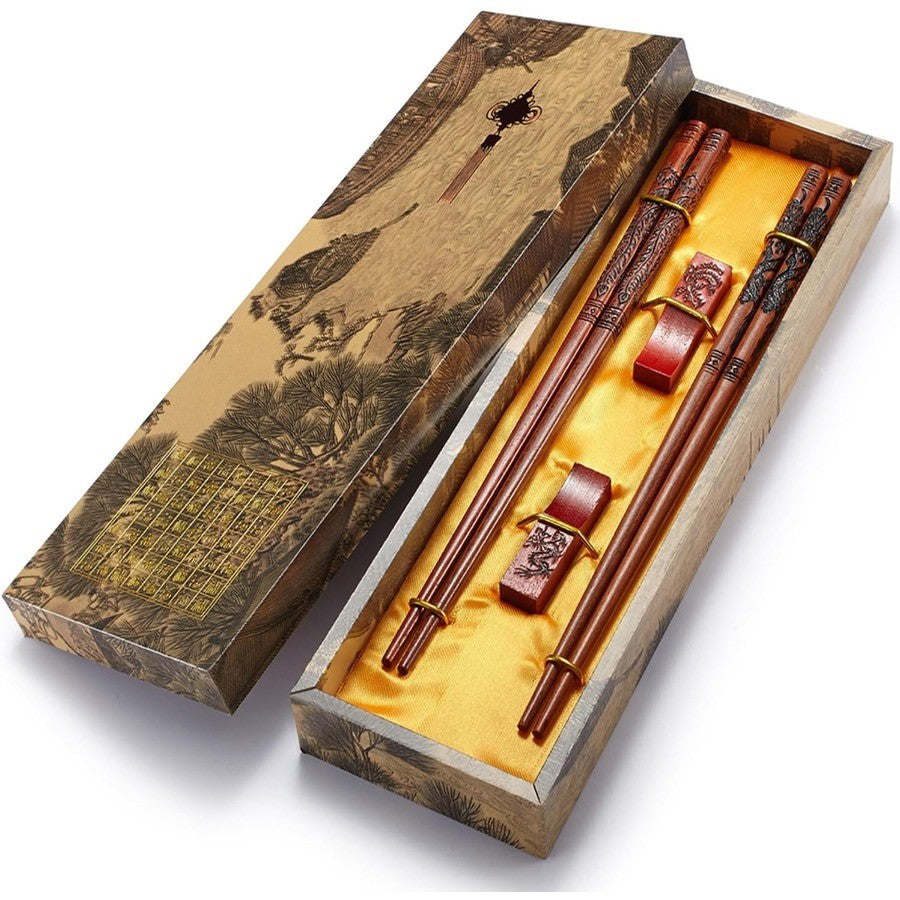 Reusable Chinese Dragon and Phoenix Design Chopsticks Set with Elegant Holder and Portable Carrying Bag Perfect for Traditional