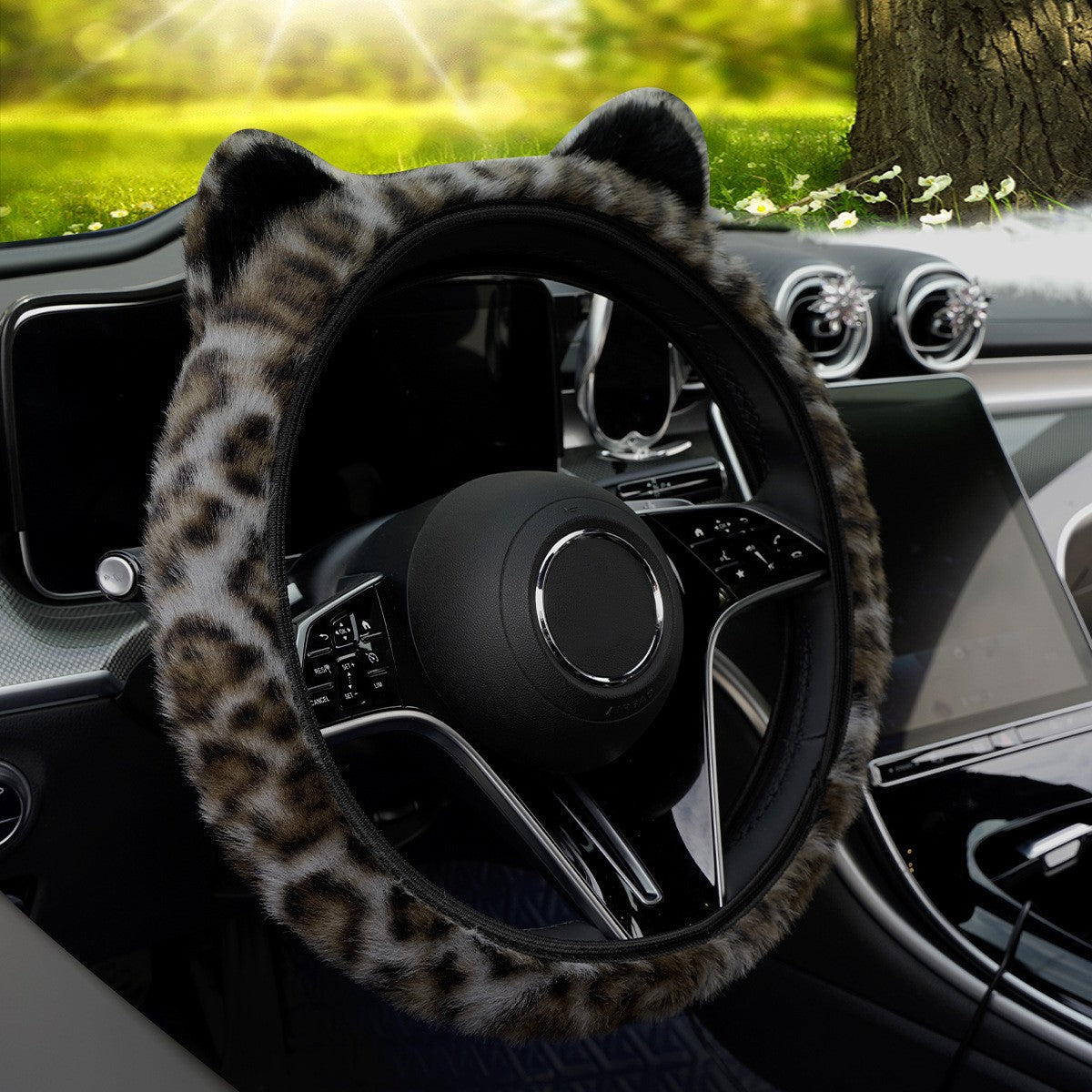 Capa de Volante de Inverno Leopard Quente Fofa para Mulheres. Capa de Volante Universal de Pelúcia para Carro, SUV Universal 15 polegadas