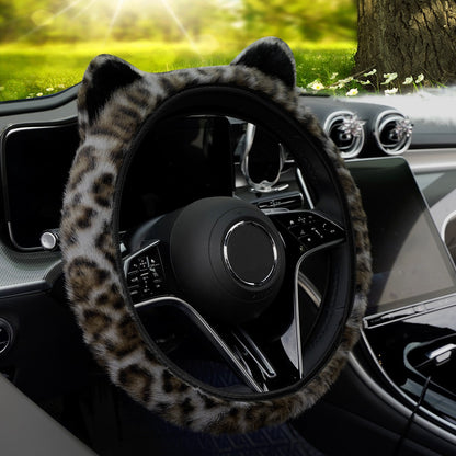 Capa de Volante de Inverno Leopard Quente Fofa para Mulheres. Capa de Volante Universal de Pelúcia para Carro, SUV Universal 15 polegadas