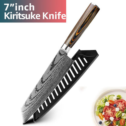 Conjunto de Facas de Cozinha 1-7PÇS Faca de Chef Japonesa Santoku 7CR17 Aço Inoxidável 440C Faca de Imitação de Damasco Cutelo de Carne Fatiador