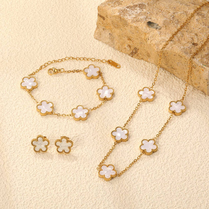 LUXUKISSKIDS Conjunto de Colar e Brincos de Flor Fashion Joias Femininas Aço Inoxidável Concha Branca Trevo Pulseira Acessórios de Joias