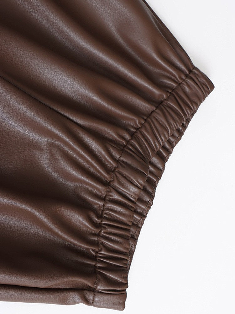 High Elastic Waist Coffee Pu Leather Long Wide Leg Pants New Trousers Women Fashion Tide Spring Autumn