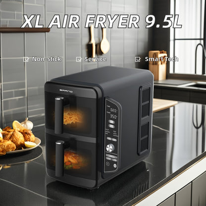 Fritadeira elétrica de aço inoxidável de alta qualidade, 11L, extragrande, controle digital duplo, quadrada, para uso doméstico, em carros e hotéis, francês, alemão