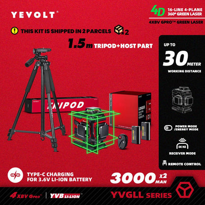 Nível a Laser Verde YEVOLT YVGLL4XS16 Series 4 Planos 16 Linhas Autonivelante 360 3D Ferramentas de Medição de Potência Horizontal e Vertical