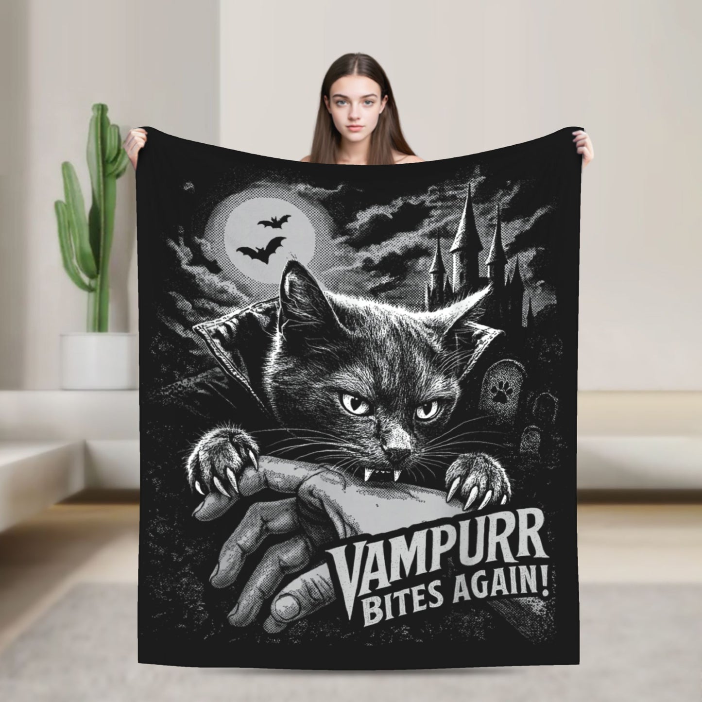 Funny Vampurr Vampire Cat Bites Again Flannel Blankets Halloween Awesome Throw Blanket for Quilt 200x150cm Soft