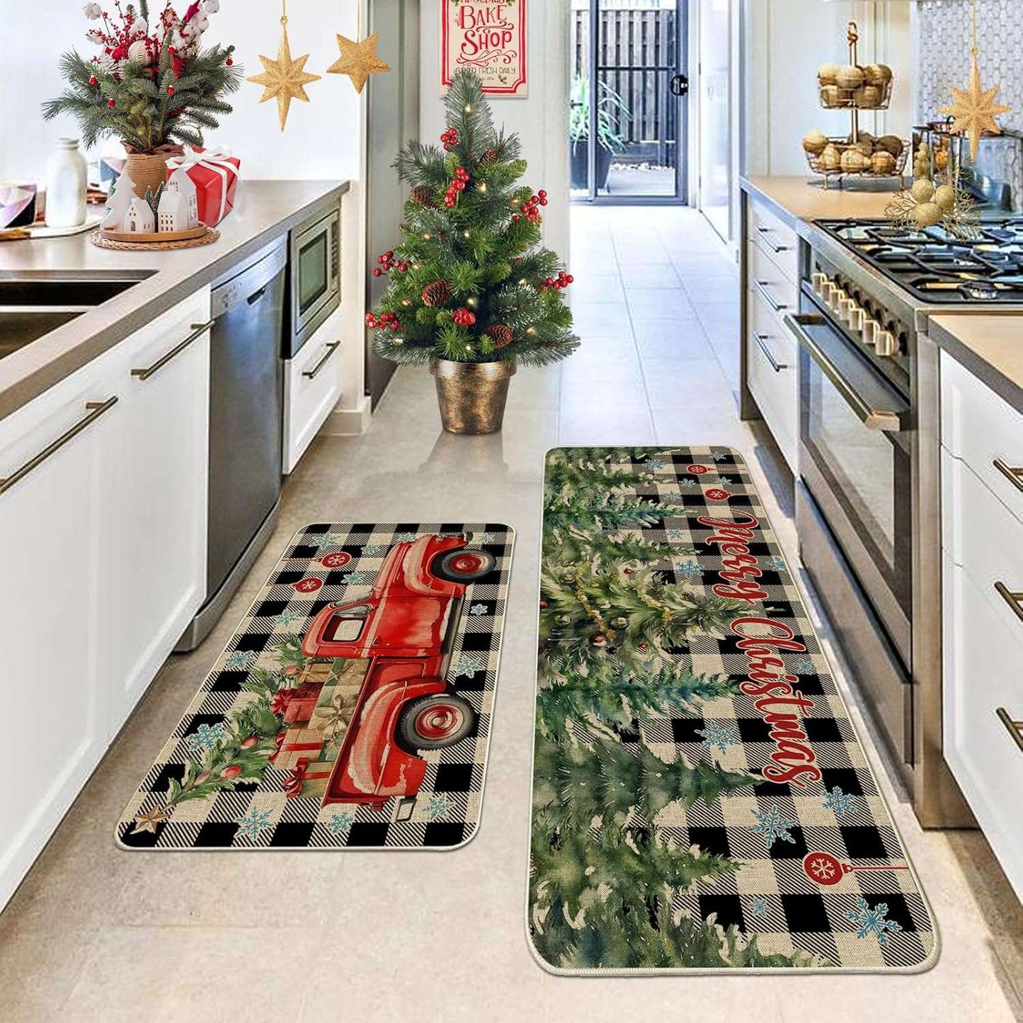 VIKAMA 1/2pcs Christmas Kitchen Rugs Truck Christmas Tree Bedroom Hallway Rugs Entry Welcome Doormat Home Decoration