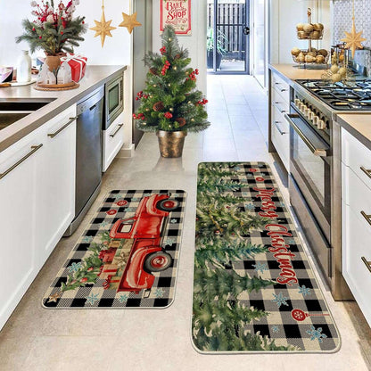 VIKAMA 1/2pcs Christmas Kitchen Rugs Truck Christmas Tree Bedroom Hallway Rugs Entry Welcome Doormat Home Decoration