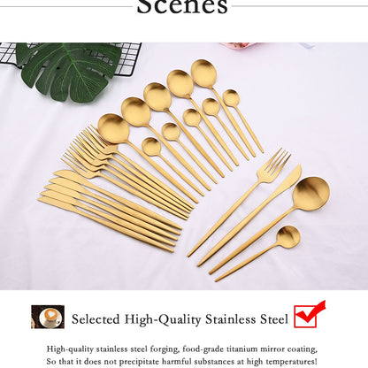 Conjunto de Talheres 24 Peças Preto Fosco em Aço Inoxidável para Cozinha, Faqueiro de Bife, Garfo, Colher, Louça de Mesa