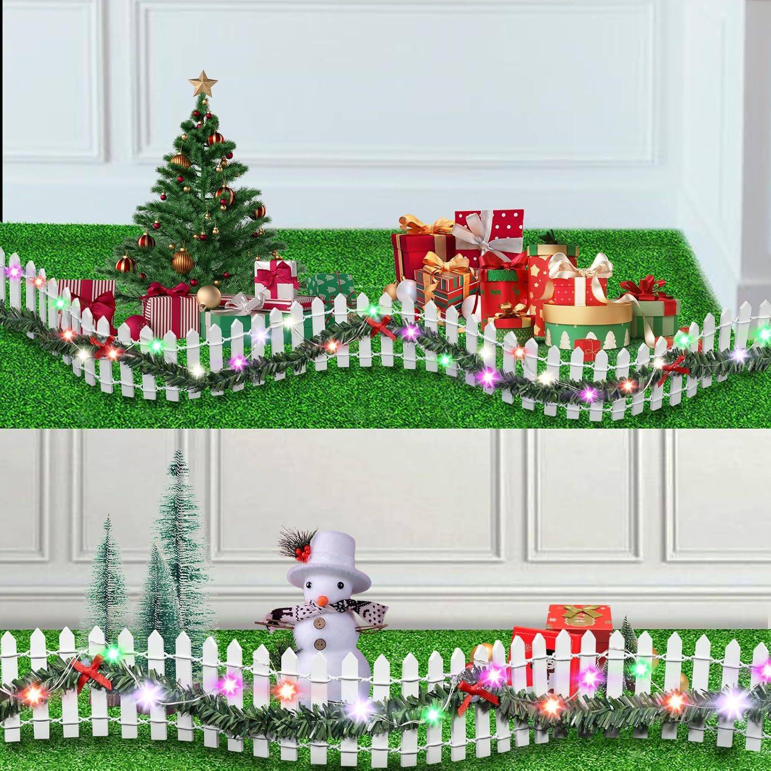 MicoLandscape Christmas Elf Fairy Garden Miniature Wooden Fence Handmade LED Light String Vine Landscape Greenery Evergreen Prop