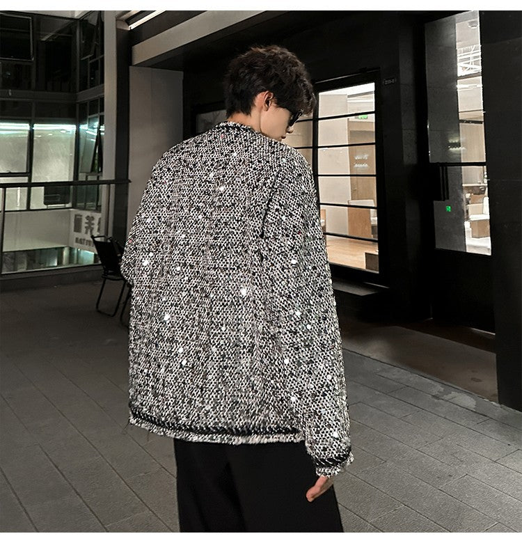 Korean Fashion Shiny Sequin Jacket Sliver Round Collar Long Sleeve Jackets Coats Autumn New Ladies Gentleman High Street