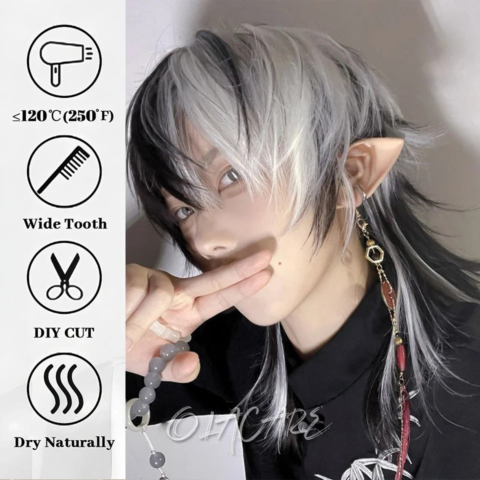 OLACARE Perucas Curta Mullet com Franja Sintética Reta Anime Masculina Preto Branco Cinza Verde Peruca de Cabelo para Festa Diária Cosplay