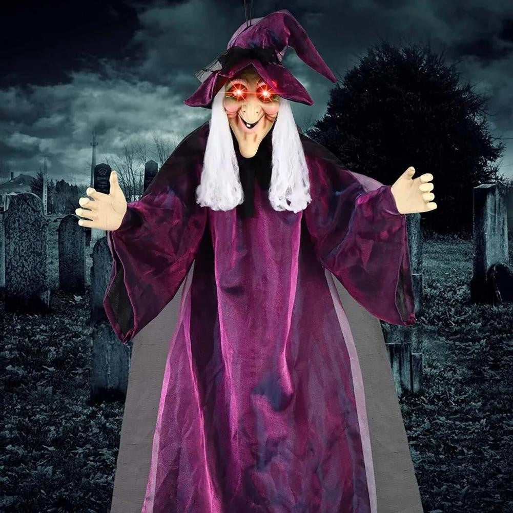 Bruxa Falante em Tamanho Real de Halloween Roxo Assustador Decoração Gritante Controlada por Voz com Olhos Brilhantes