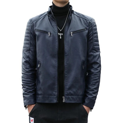 Men's Fleece Lined Biker Jacket Stand Collar Casual Versatile Spring Autumn Leather Coat for Students Fashionable Outerwear