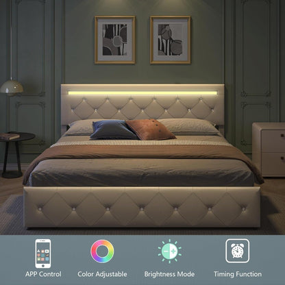 Bed Frame Full Size with LED Light and Storage Drawers, Adjustable Headboard with PU Leather Upholstered, 2 Sockets and 2 USB
