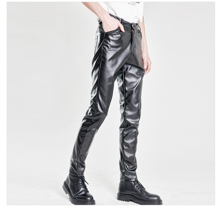 New Men Solid Color Slim Fit Faux Leather Pants Green / White / Black Homme Bar KTV High Street Biker Trousers