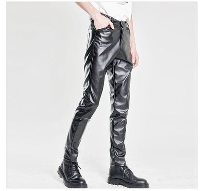 New Men Solid Color Slim Fit Faux Leather Pants Green / White / Black Homme Bar KTV High Street Biker Trousers